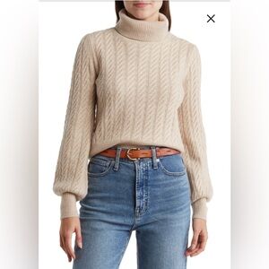 The Cashmere Project Balloon Sleeve Cableknit Sweater Oatmeal Heather Small